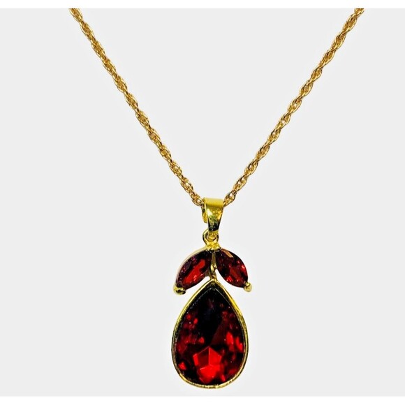 Vintage Red Rhinestone Pear Pendant Necklace 24" Gold Tone - Picture 12 of 16